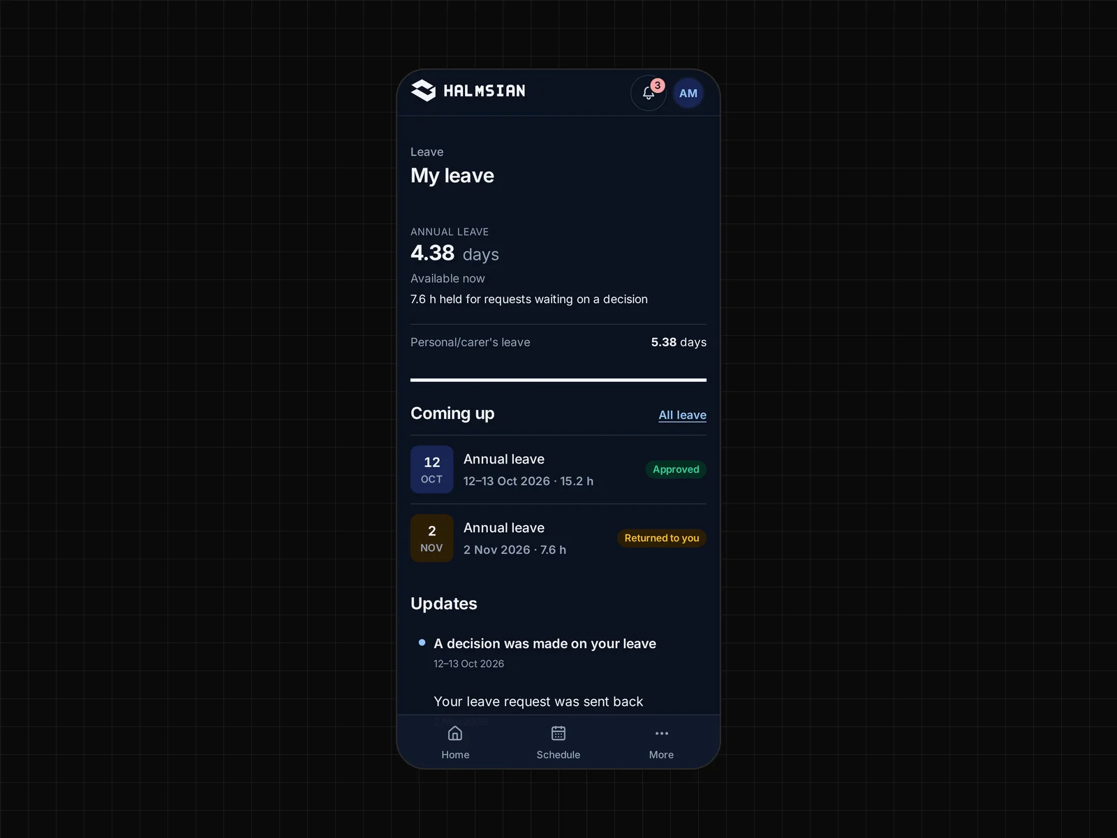 A leave request shown on the staff app with its approval status