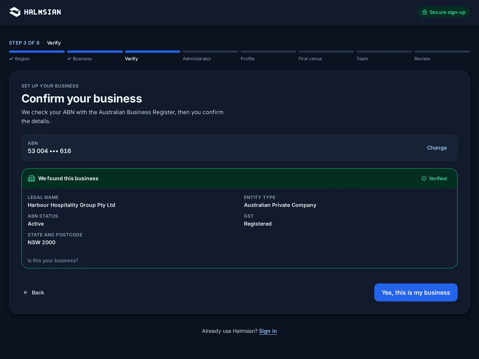 Business sign-up with the ABN verified against the register