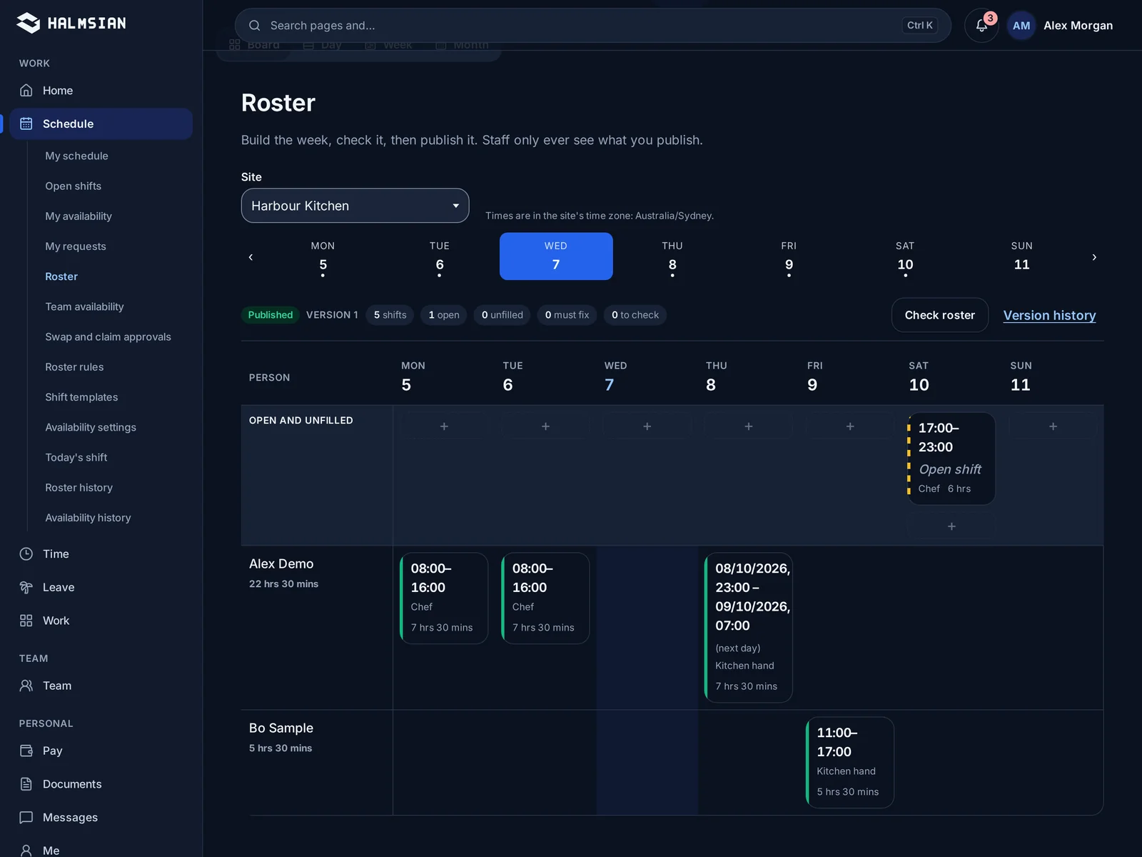 The weekly roster view with shifts laid out by role and day