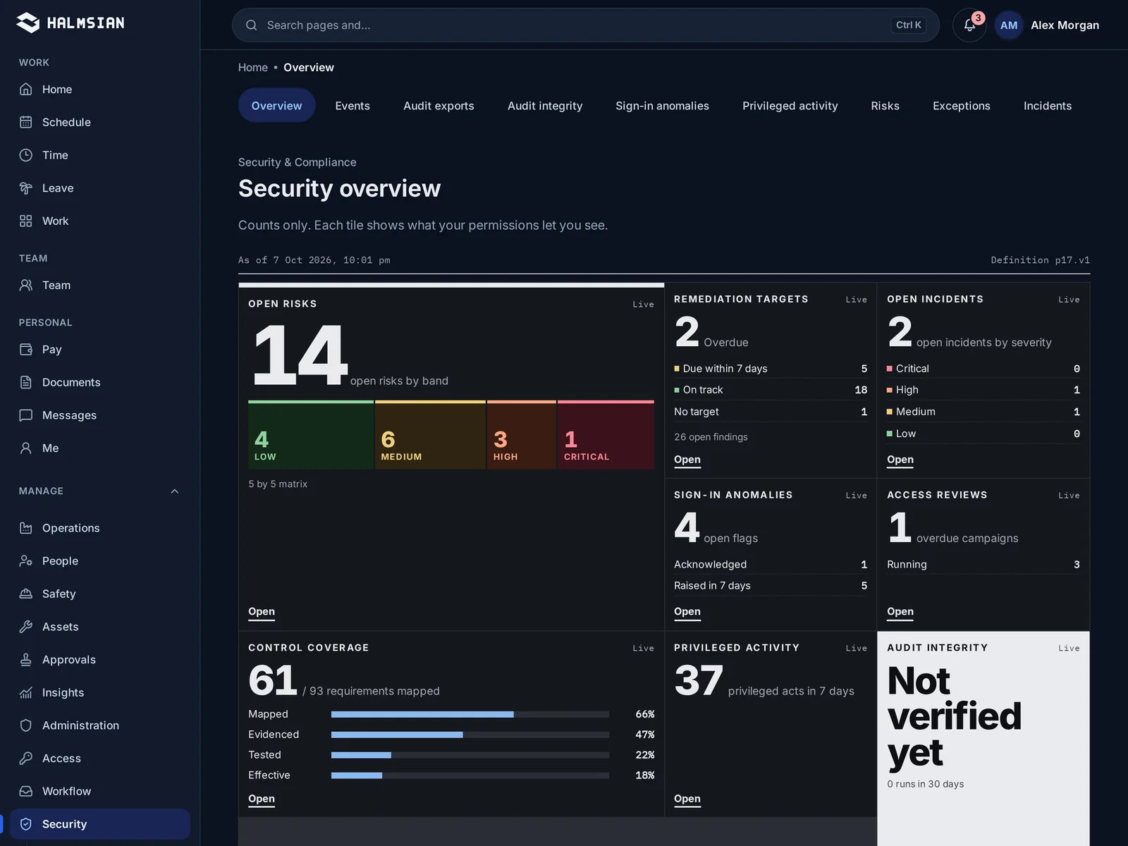 The security centre listing sign-in activity and audit events