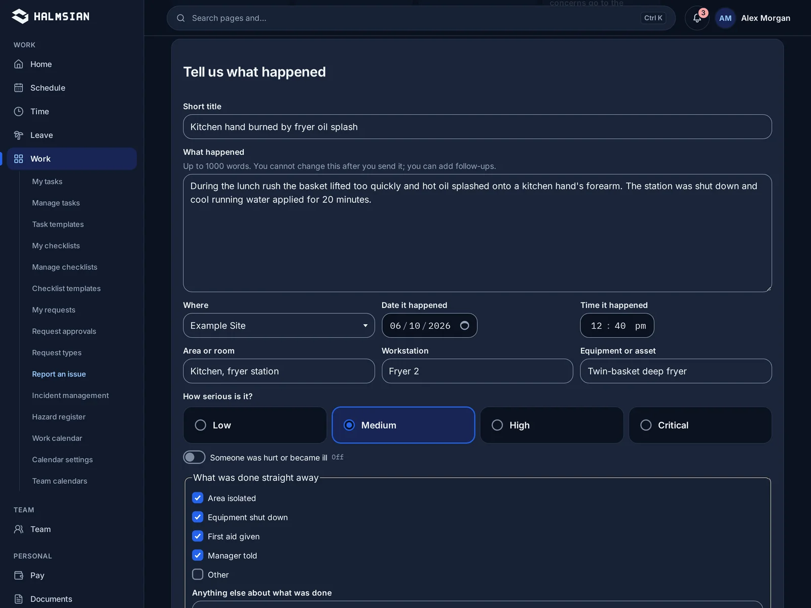 An incident report form with location, people involved and follow-up actions
