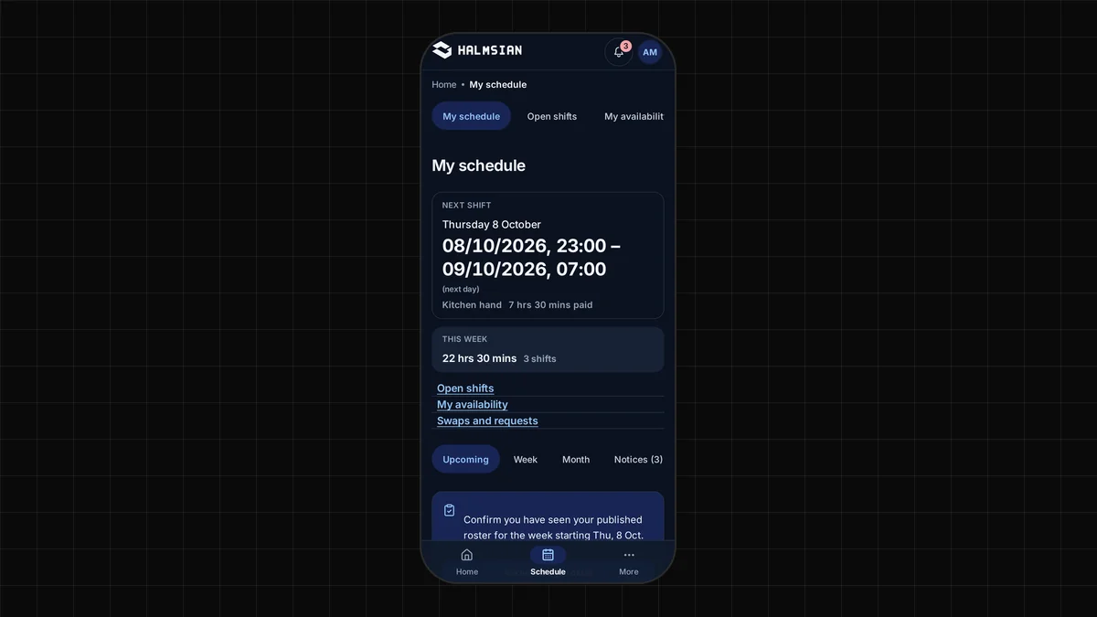 The Halmsian staff app on a phone showing the next shift